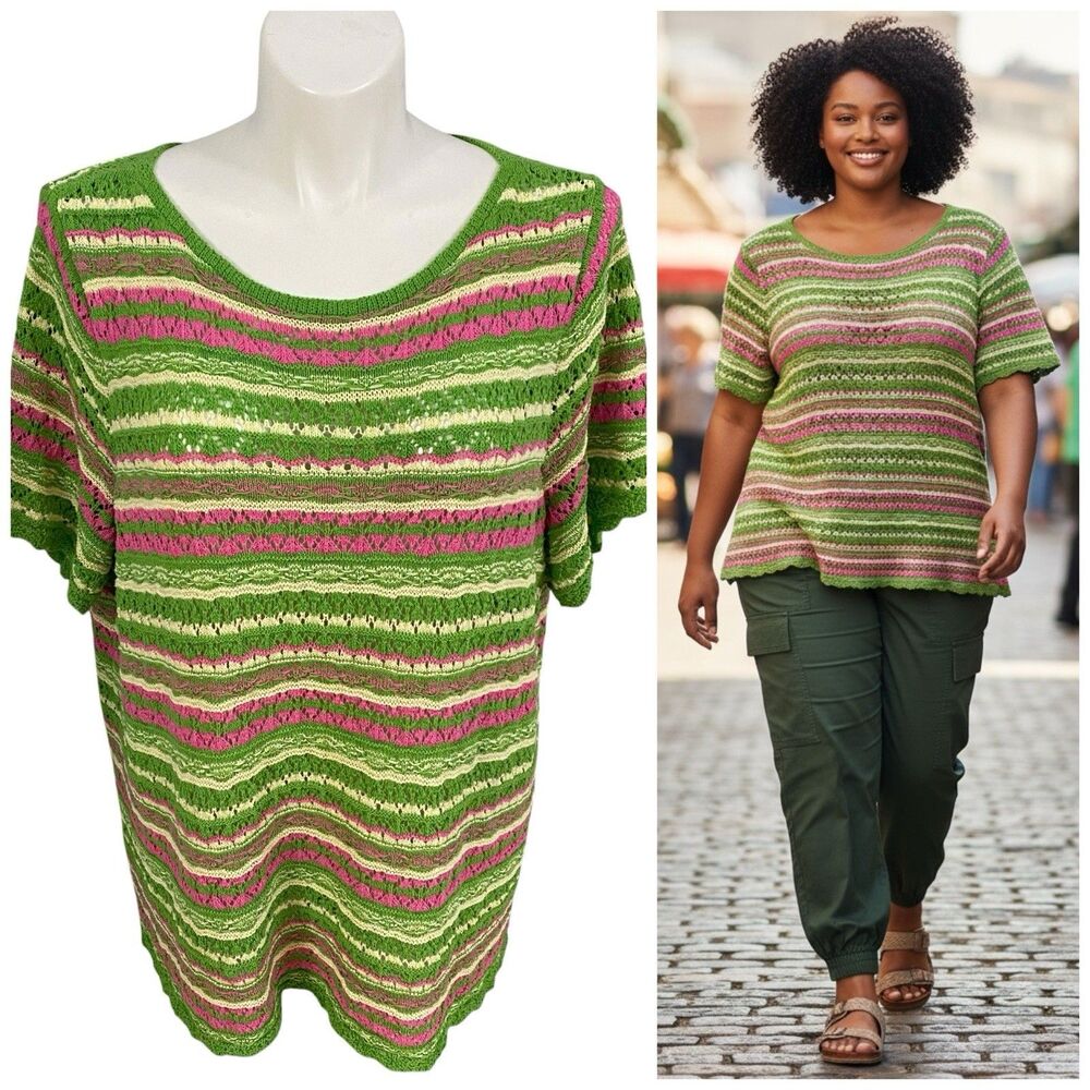 Bell Boho Sweater Womens 2X Green Pink Stripe Open Knit Crochet Short Sleeve